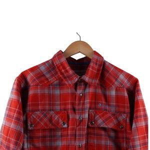 REDINGTON Mens M Red Plaid Flannel Long Sleeve Peral Snap Shirt Fly Fishing